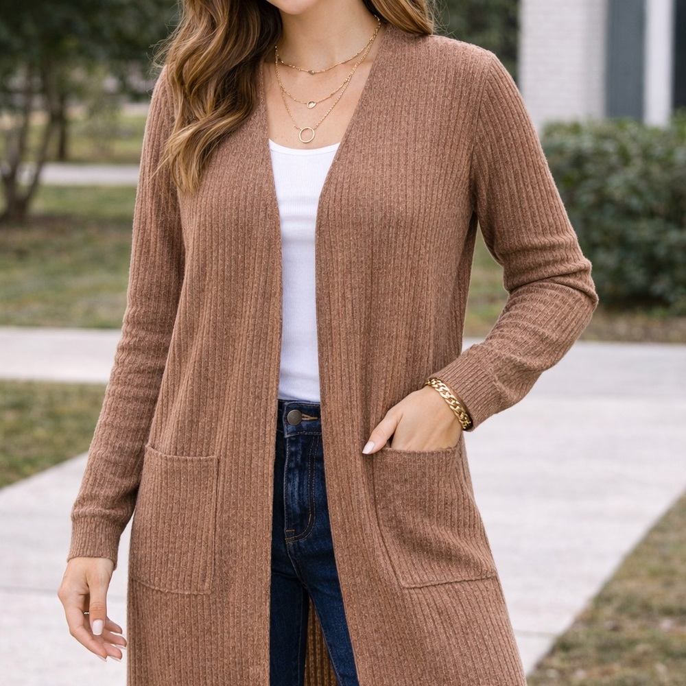 All Sport Long Ribbed Open Front Cardigan Brown Size M